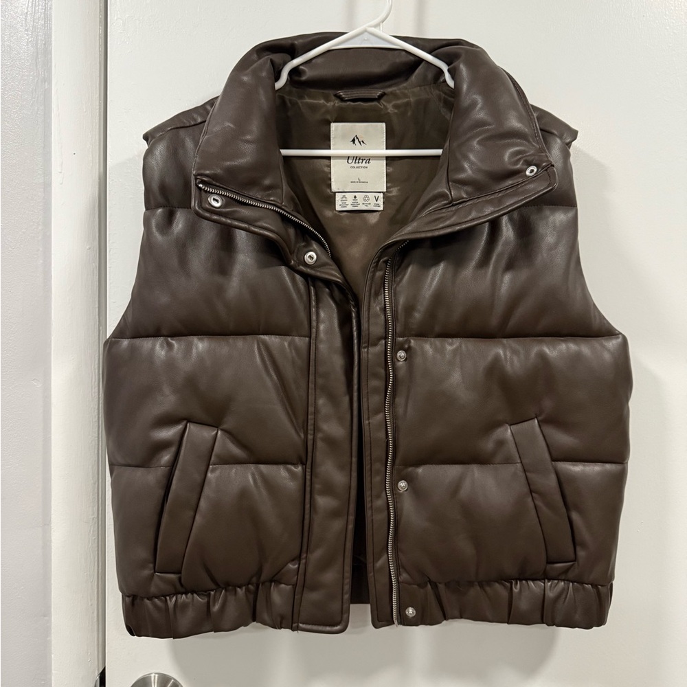Brown Faux Leather Puffer Vest